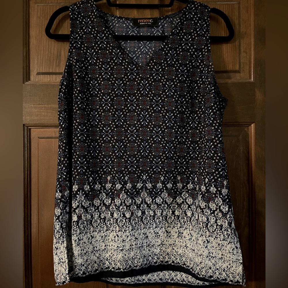 Renee C Navy Patterned V Neck Blouse